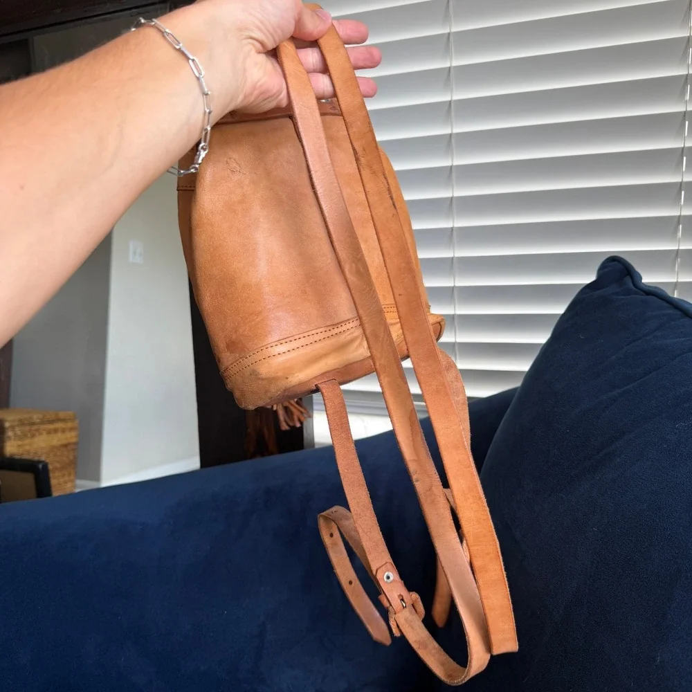 Vintage Southwestern Backpack Tan Leather Tooled Boho Mini Drawstring Tassel Bag